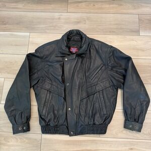 80s Verducci Black Leather Bomber Jacket Men's Medium Made in Korea